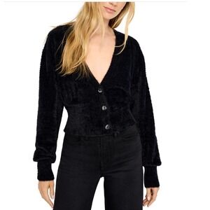Good American Fuzzy Cardigan Black V-Neck Button Front Sweater GSK0289 Medium